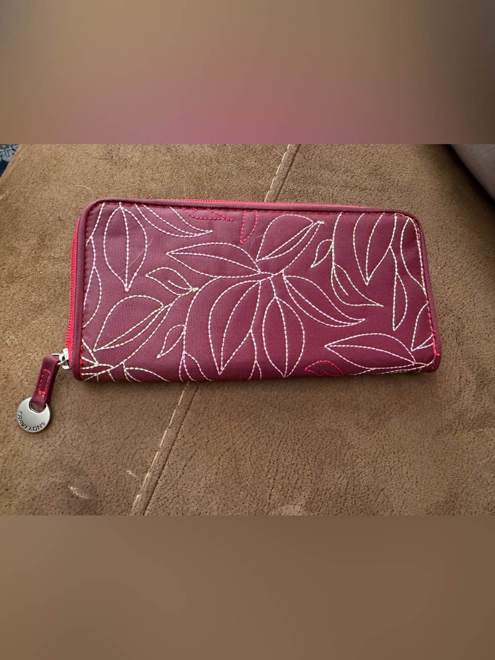 Travelon Compact Burgundy Leaf-Print Zip Wallet